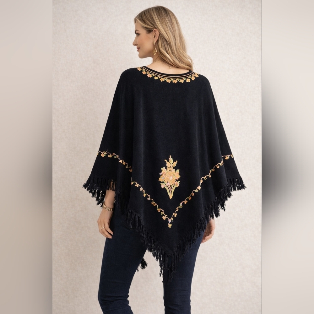 Embroidered Poncho Black Boho Fringe Hem Oversized Festival Top Bohemian Artsy - Picture 2 of 14
